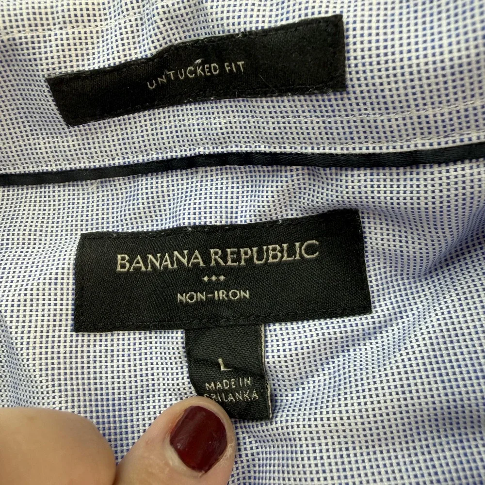 Banana Republic Dress Shirt Mens Large Blue Check Untucked Non Iron Long Sleeve